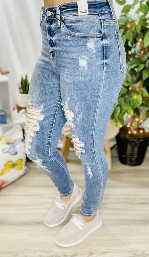 Judy Blue - Light Blue High-Waisted Bleach Splash Destroyed Skinny Jeans - Reg/Plus