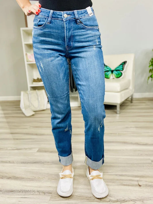 Judy Blue - Dark Blue Mid-Rise Double Cuff Boyfriend Jeans - Reg/Plus