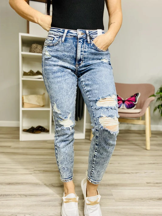 Judy Blue - High-Waisted Acid Wash Destroyed Boyfriend Jeans - Reg/Plus