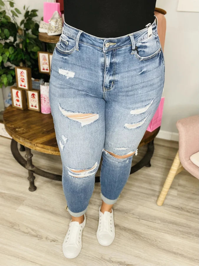 Judy Blue - Light Blue High-Waisted Cuffed Destroyed Boyfriend Jeans - Reg/Plus