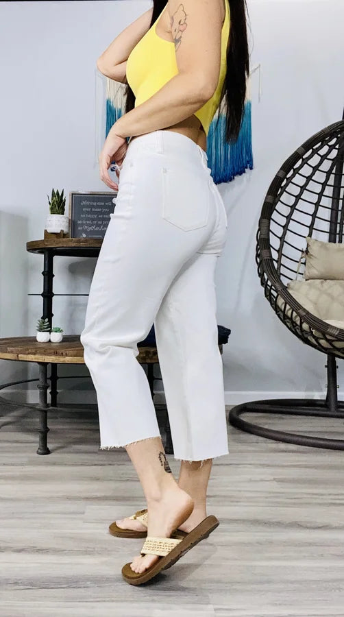 Judy Blue - White High-Waisted Cropped Wide Leg Jeans - Reg/Plus