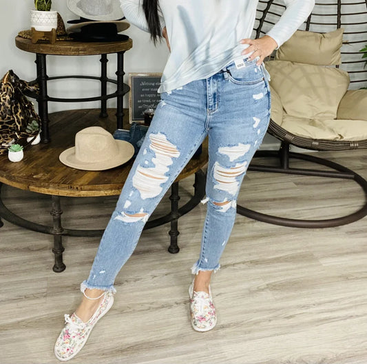 Judy Blue - Light Blue High-Waisted Destroyed Skinny Jeans w/ Shark Bite Hem - Reg/Plus