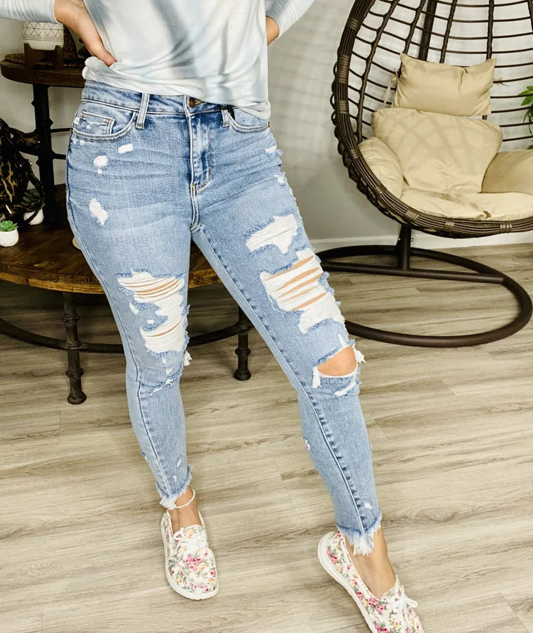 Judy Blue - Light Blue High-Waisted Destroyed Skinny Jeans w/ Shark Bite Hem - Reg/Plus