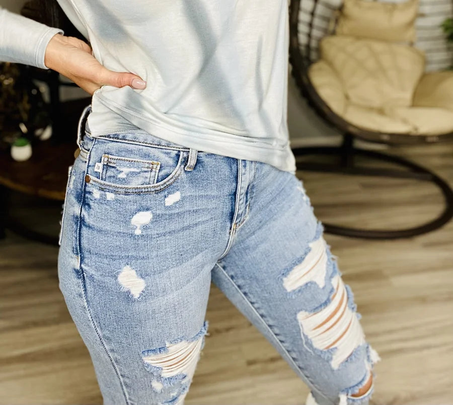 Judy Blue - Light Blue High-Waisted Destroyed Skinny Jeans w/ Shark Bite Hem - Reg/Plus