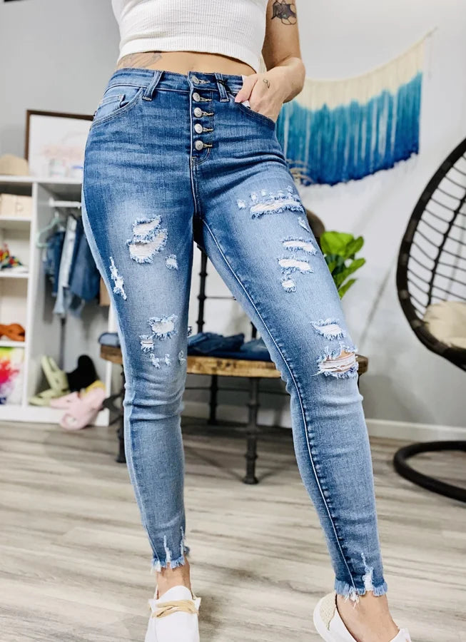 Judy Blue - "Keep on Rockin'" High-Waisted Destroyed Skinny Jeans - Reg/Plus