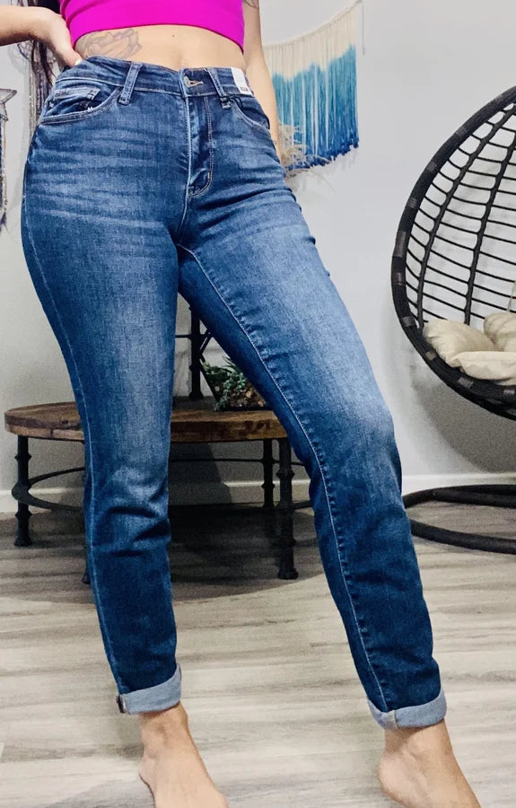 Judy Blue - "Ella" Dark Blue Midrise Cuffed Boyfriend Jeans - Reg/Plus