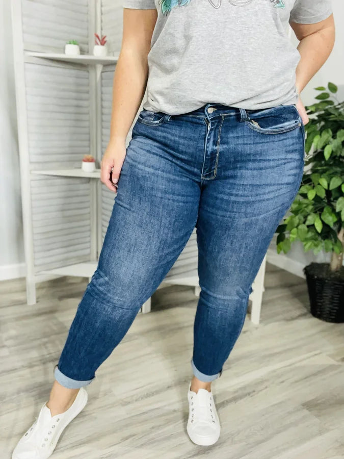 Judy Blue - "Ella" Dark Blue Midrise Cuffed Boyfriend Jeans - Reg/Plus