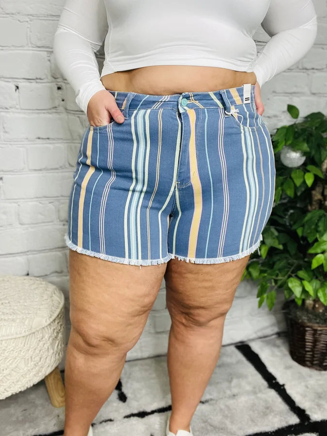 Judy Blue - "Savannah" Striped High-Waisted Frayed Hem Shorts - Reg/Plus