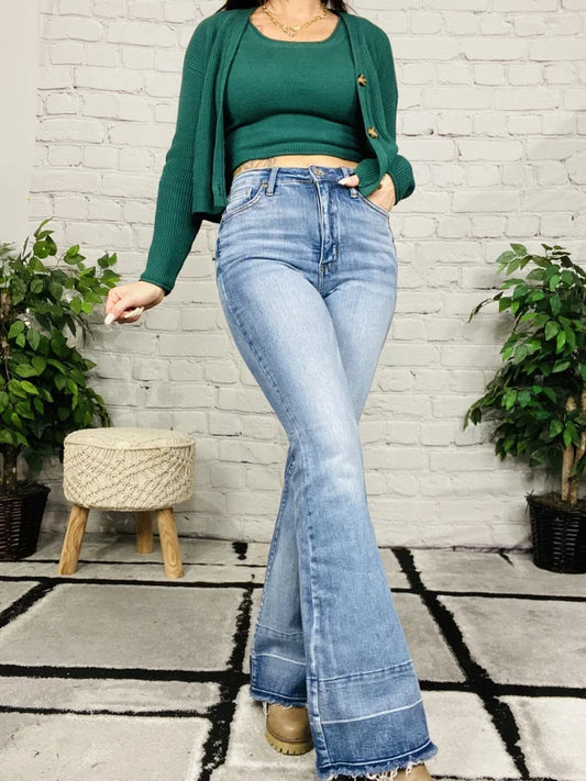 Judy Blue - "Belle" Medium Blue High-Waisted Release Hem Flare Jeans - Reg/Plus