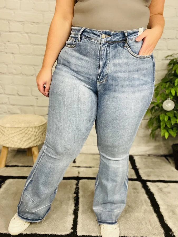 Judy Blue - "Belle" Medium Blue High-Waisted Release Hem Flare Jeans - Reg/Plus