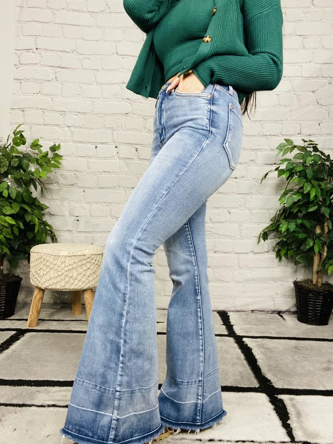 Judy Blue - "Belle" Medium Blue High-Waisted Release Hem Flare Jeans - Reg/Plus