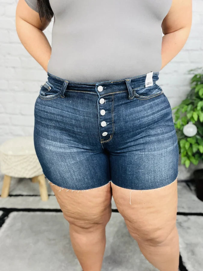 Judy Blue - "Sydney" Dark Blue High-Waisted Button Fly Shorts - Reg/Plus