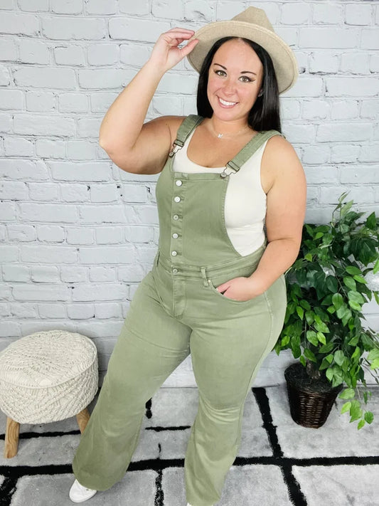 Judy Blue - "Holly" Olive High-Waisted Tummy Control Flare Overalls - Reg/Plus