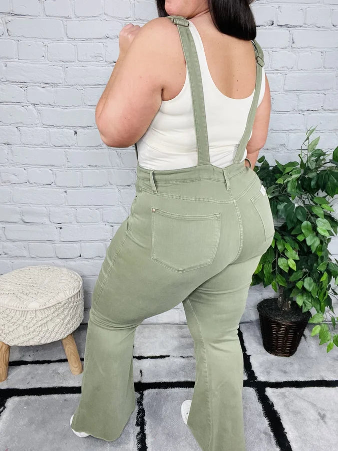 Judy Blue - "Holly" Olive High-Waisted Tummy Control Flare Overalls - Reg/Plus