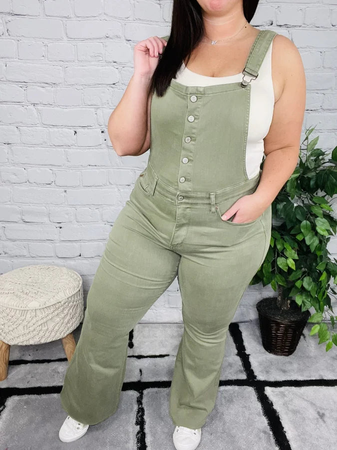 Judy Blue - "Holly" Olive High-Waisted Tummy Control Flare Overalls - Reg/Plus