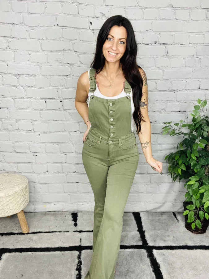 Judy Blue - "Holly" Olive High-Waisted Tummy Control Flare Overalls - Reg/Plus