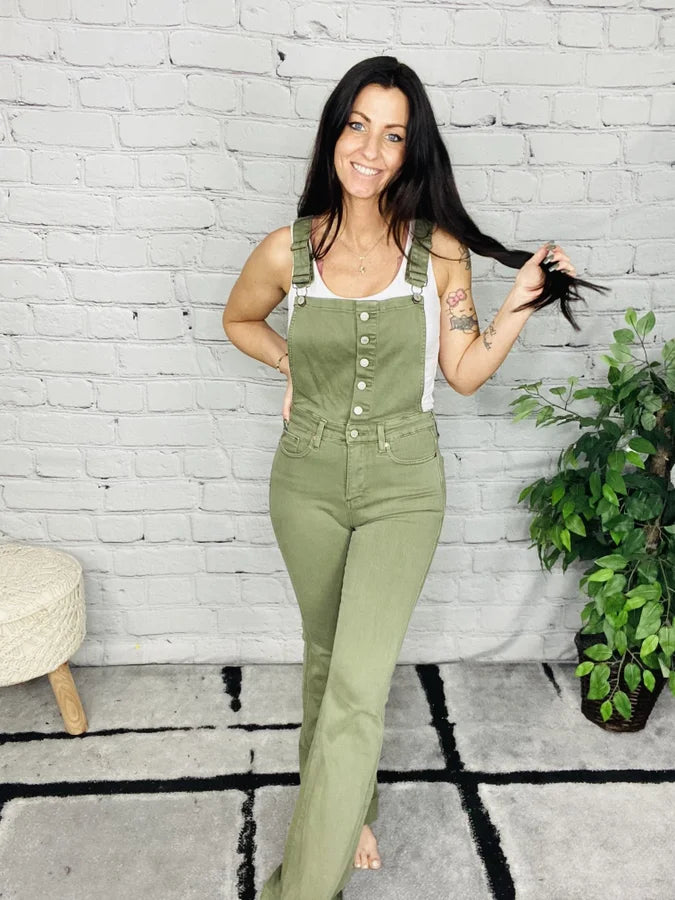 Judy Blue - "Holly" Olive High-Waisted Tummy Control Flare Overalls - Reg/Plus