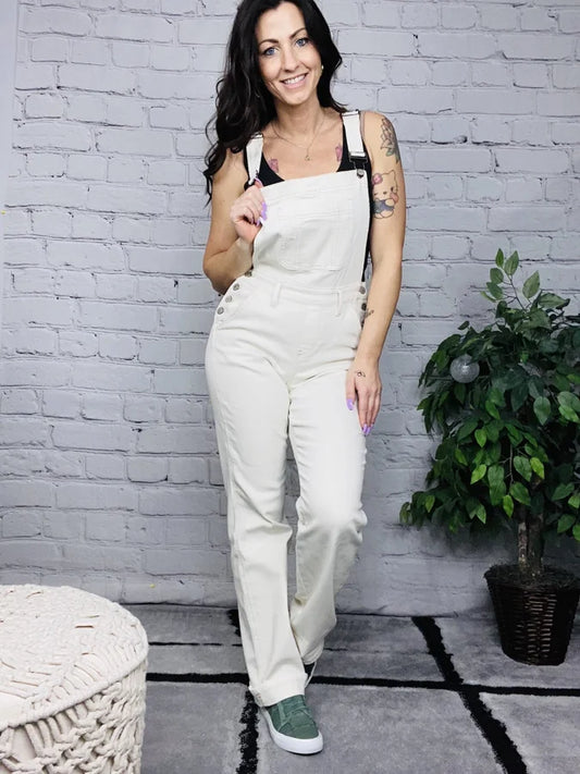 Judy Blue - "Linda" High-Waisted Ecru Destroyed Straight Leg Overalls - Reg/Plus