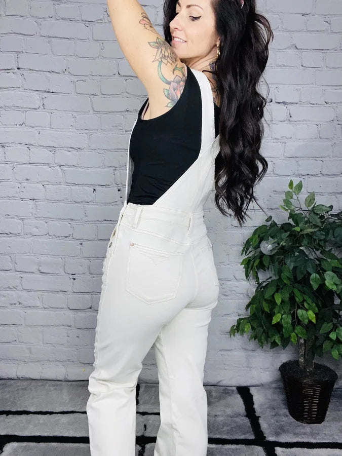 Judy Blue - "Linda" High-Waisted Ecru Destroyed Straight Leg Overalls - Reg/Plus