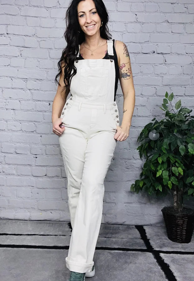 Judy Blue - "Linda" High-Waisted Ecru Destroyed Straight Leg Overalls - Reg/Plus