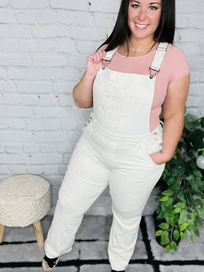 Judy Blue - "Linda" High-Waisted Ecru Destroyed Straight Leg Overalls - Reg/Plus