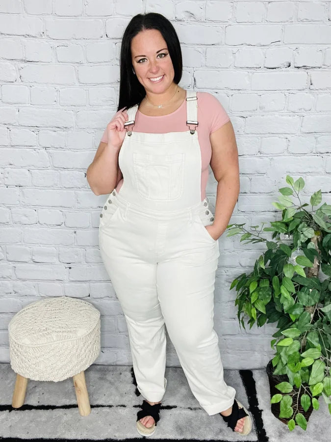 Judy Blue - "Linda" High-Waisted Ecru Destroyed Straight Leg Overalls - Reg/Plus