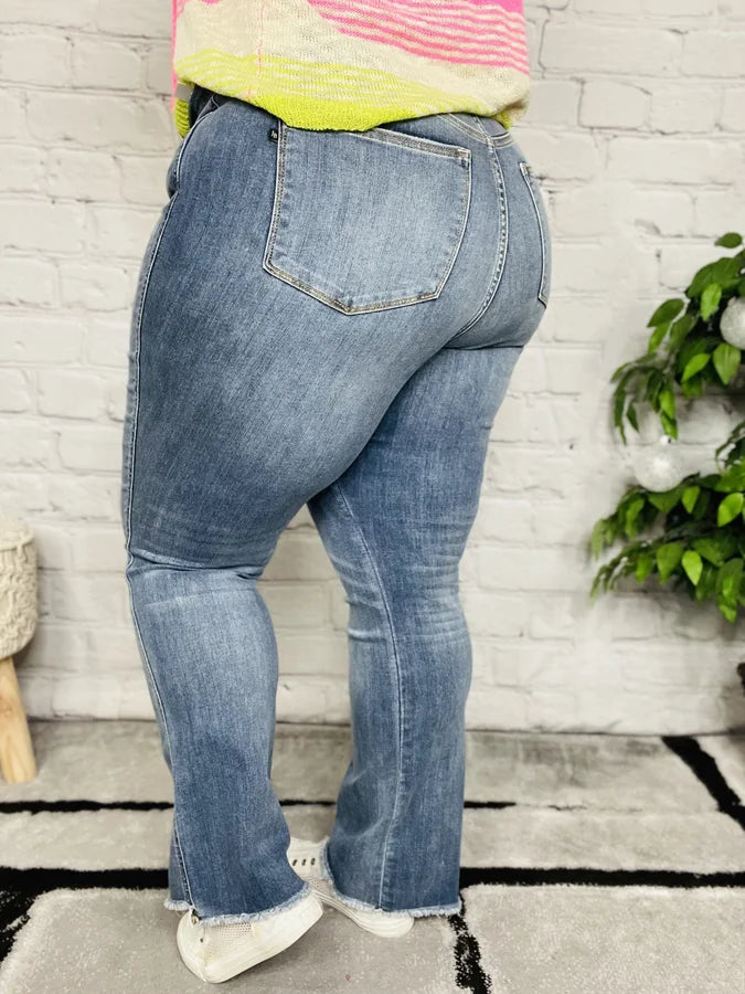 Judy Blue - "Christy" Medium Blue High-Waisted Crossover Dad Jeans - Reg/Plus