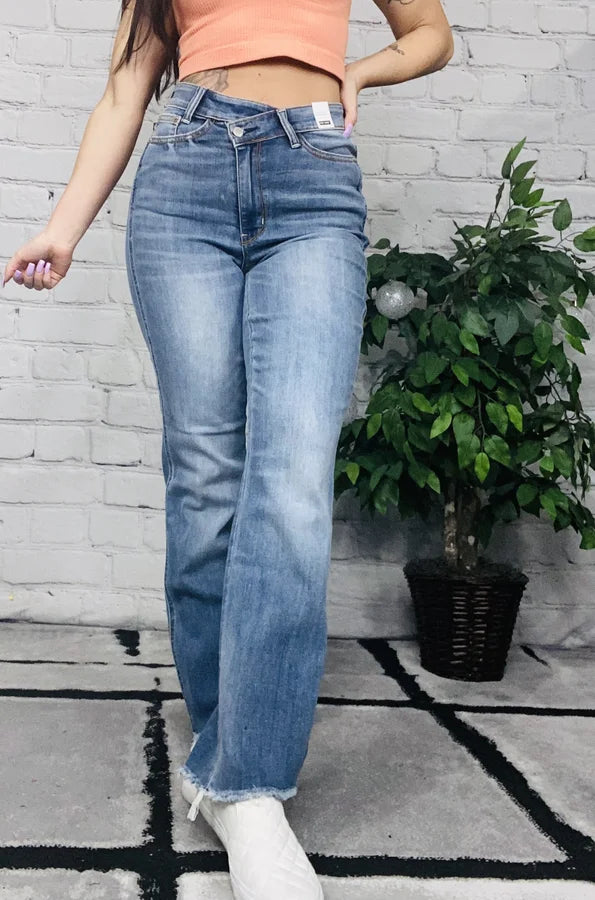 Judy Blue - "Christy" Medium Blue High-Waisted Crossover Dad Jeans - Reg/Plus