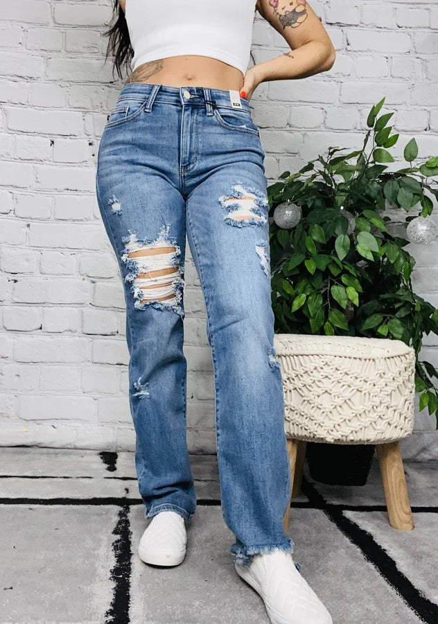 Judy Blue - "Stella" Medium Blue Mid-Rise Destroyed Straight Leg Jeans - Reg/Plus