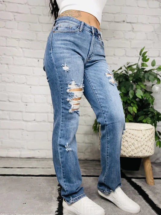 Judy Blue - "Stella" Medium Blue Mid-Rise Destroyed Straight Leg Jeans - Reg/Plus