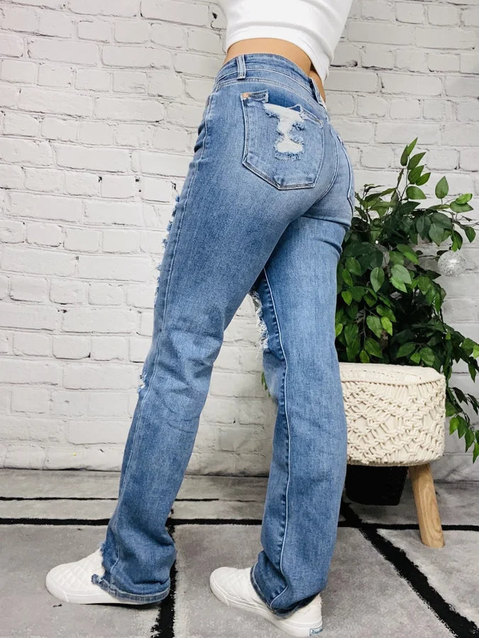 Judy Blue - "Stella" Medium Blue Mid-Rise Destroyed Straight Leg Jeans - Reg/Plus