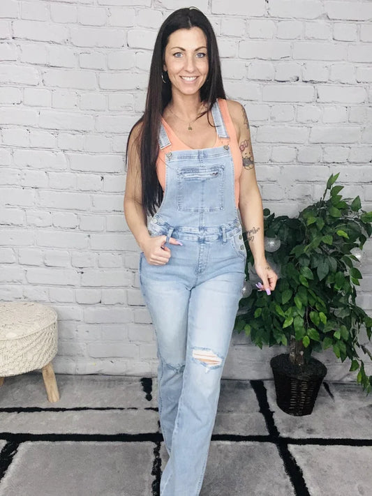 Judy Blue - "Dixie" High-Waisted Light Blue Destroyed Straight Leg Overalls - Reg/Plus