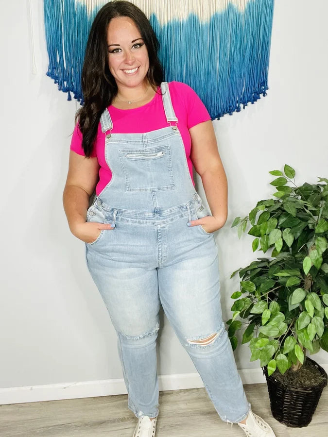 Judy Blue - "Dixie" High-Waisted Light Blue Destroyed Straight Leg Overalls - Reg/Plus