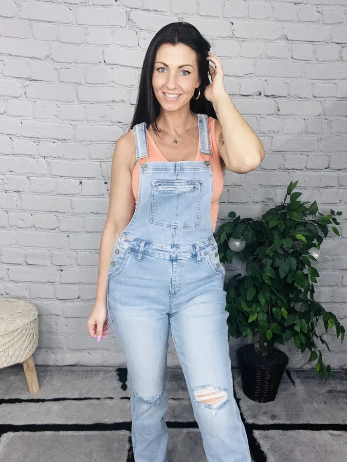 Judy Blue - "Dixie" High-Waisted Light Blue Destroyed Straight Leg Overalls - Reg/Plus