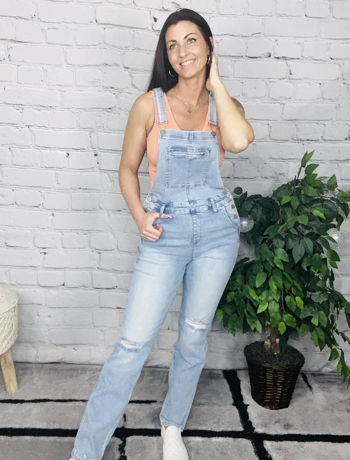 Judy Blue - "Dixie" High-Waisted Light Blue Destroyed Straight Leg Overalls - Reg/Plus