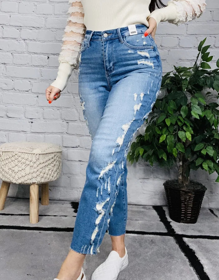 Judy Blue - "Veronica" Medium Blue High-Waisted Destroyed Side Seam Straight Leg Jeans - Reg/Plus