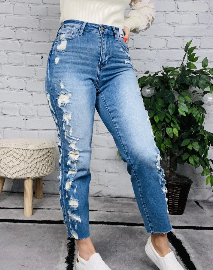 Judy Blue - "Veronica" Medium Blue High-Waisted Destroyed Side Seam Straight Leg Jeans - Reg/Plus