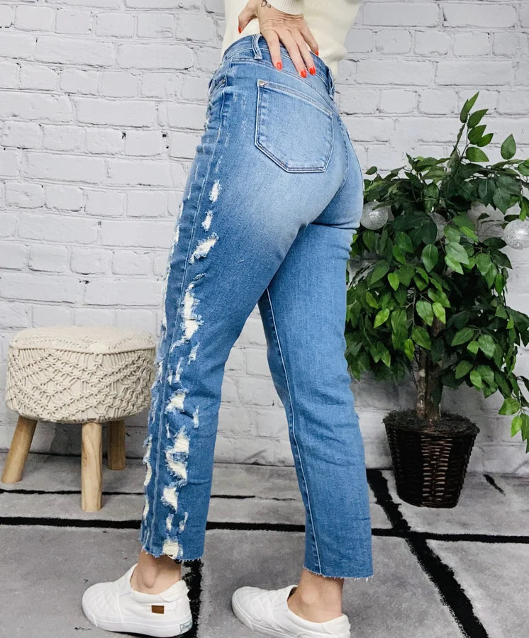 Judy Blue - "Veronica" Medium Blue High-Waisted Destroyed Side Seam Straight Leg Jeans - Reg/Plus