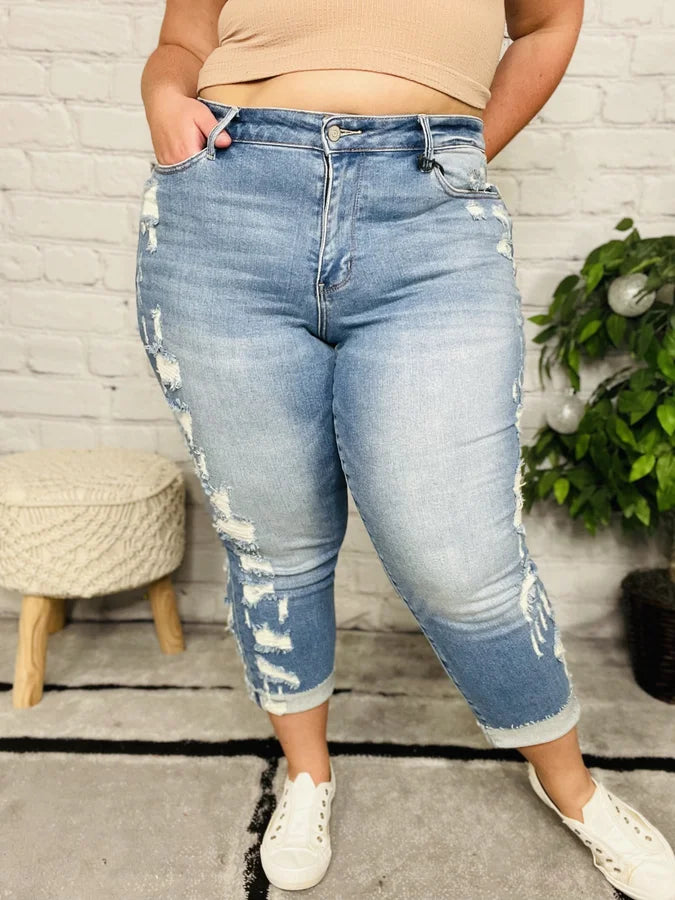 Judy Blue - "Veronica" Medium Blue High-Waisted Destroyed Side Seam Straight Leg Jeans - Reg/Plus