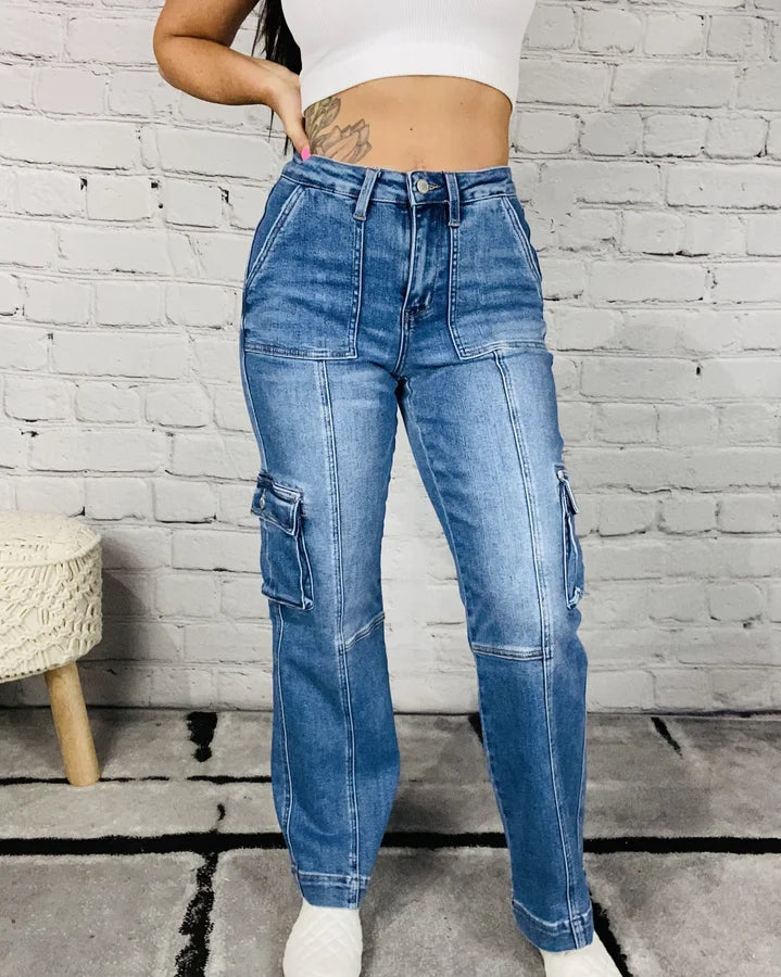 Judy Blue - "Bailey" Medium Blue High-Waisted Cargo Wide Leg Jeans - Reg/Plus