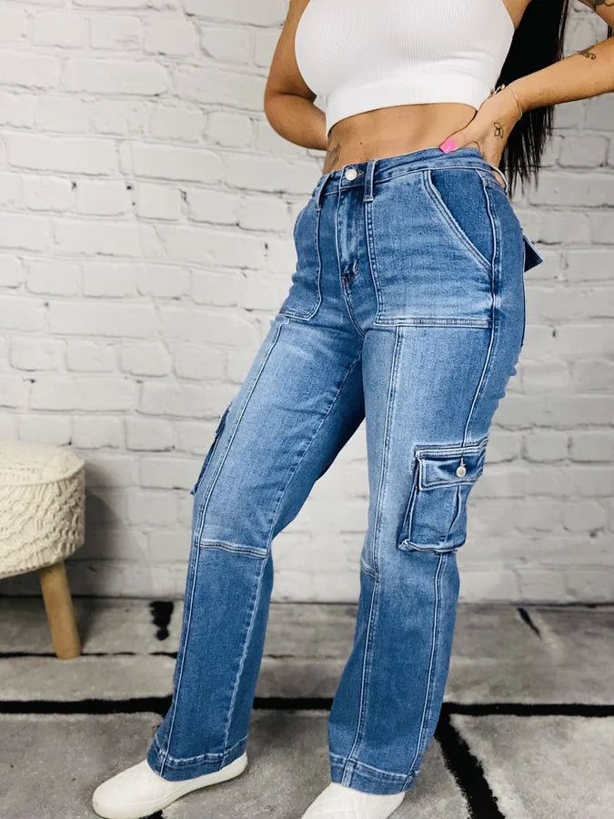 Judy Blue - "Bailey" Medium Blue High-Waisted Cargo Wide Leg Jeans - Reg/Plus