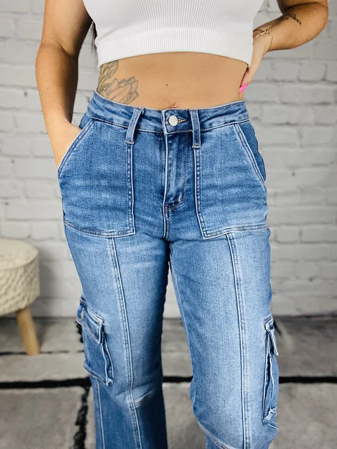 Judy Blue - "Bailey" Medium Blue High-Waisted Cargo Wide Leg Jeans - Reg/Plus