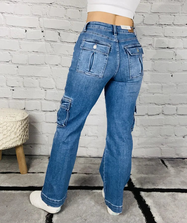 Judy Blue - "Bailey" Medium Blue High-Waisted Cargo Wide Leg Jeans - Reg/Plus