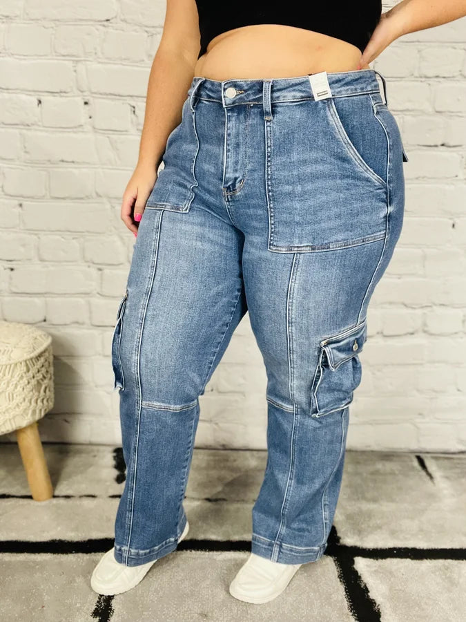 Judy Blue - "Bailey" Medium Blue High-Waisted Cargo Wide Leg Jeans - Reg/Plus