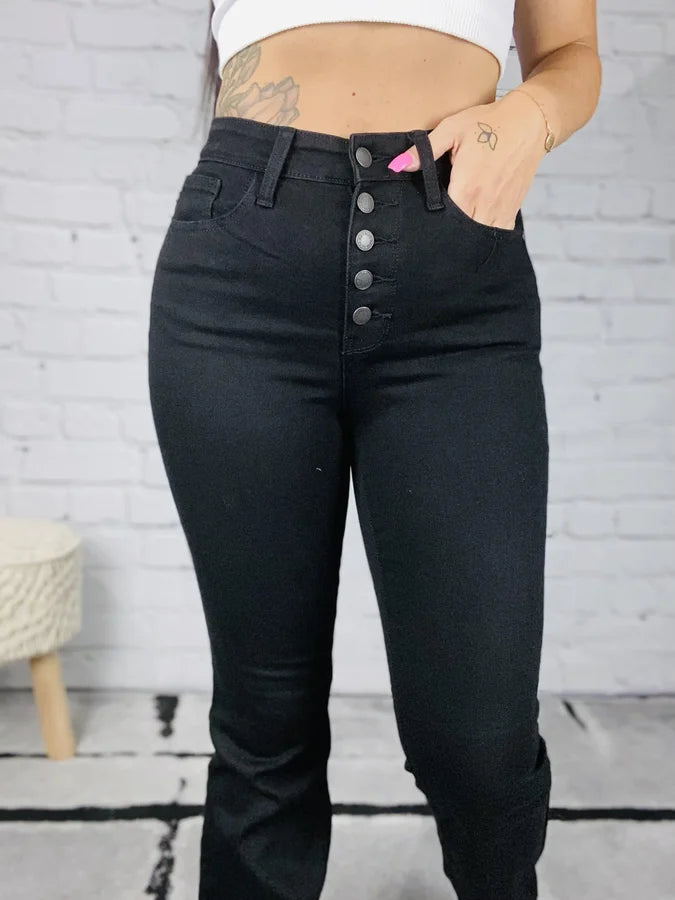 Judy Blue - "Melanie" Black High-Waisted Button Fly Bootcut Jeans - Reg/Plus