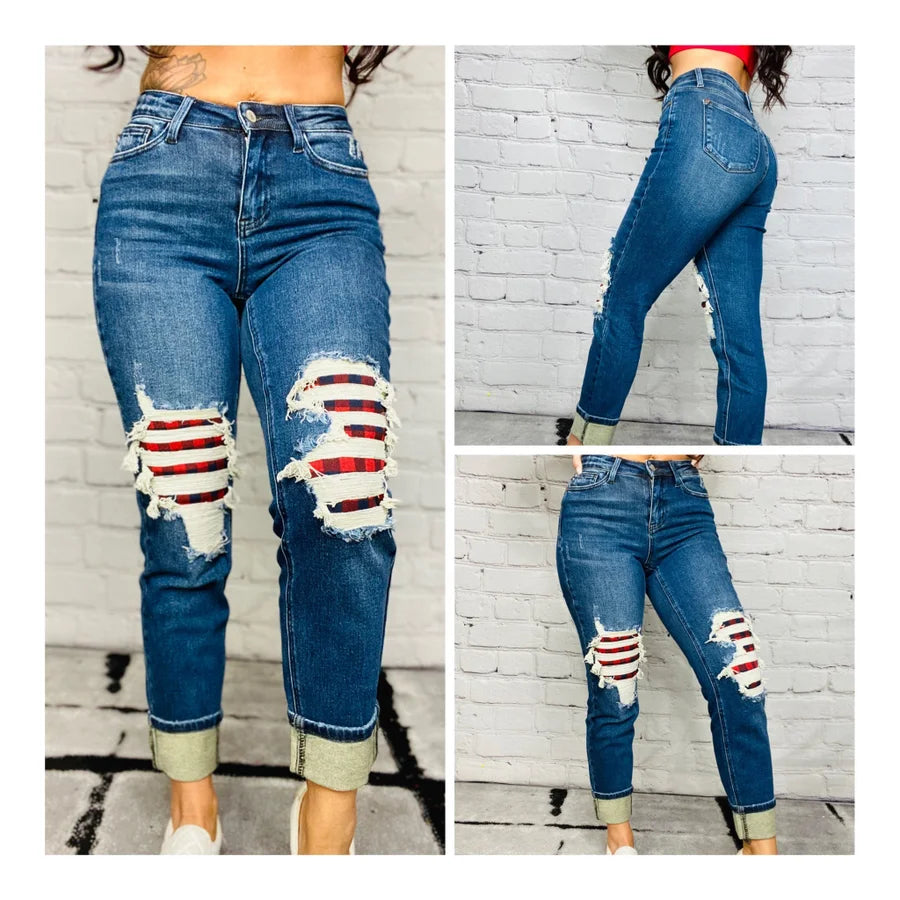 Judy Blue - "Carol" Dark Blue Mid-Rise Buffalo Plaid Patch Boyfriend Jeans - Reg/Plus