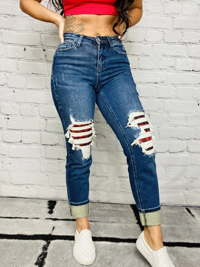 Judy Blue - "Carol" Dark Blue Mid-Rise Buffalo Plaid Patch Boyfriend Jeans - Reg/Plus