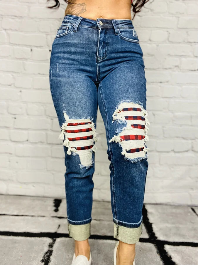 Judy Blue - "Carol" Dark Blue Mid-Rise Buffalo Plaid Patch Boyfriend Jeans - Reg/Plus