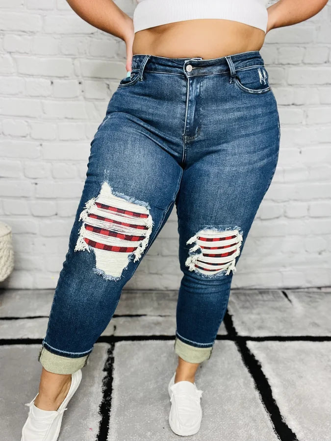 Judy Blue - "Carol" Dark Blue Mid-Rise Buffalo Plaid Patch Boyfriend Jeans - Reg/Plus