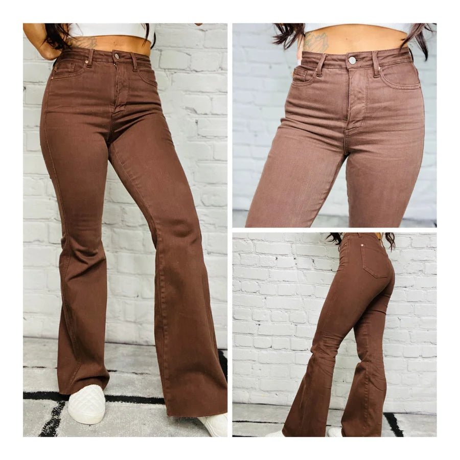 Judy Blue - "Daisy" Espresso High-Waisted Tummy Control Flare Jeans - Reg/Plus